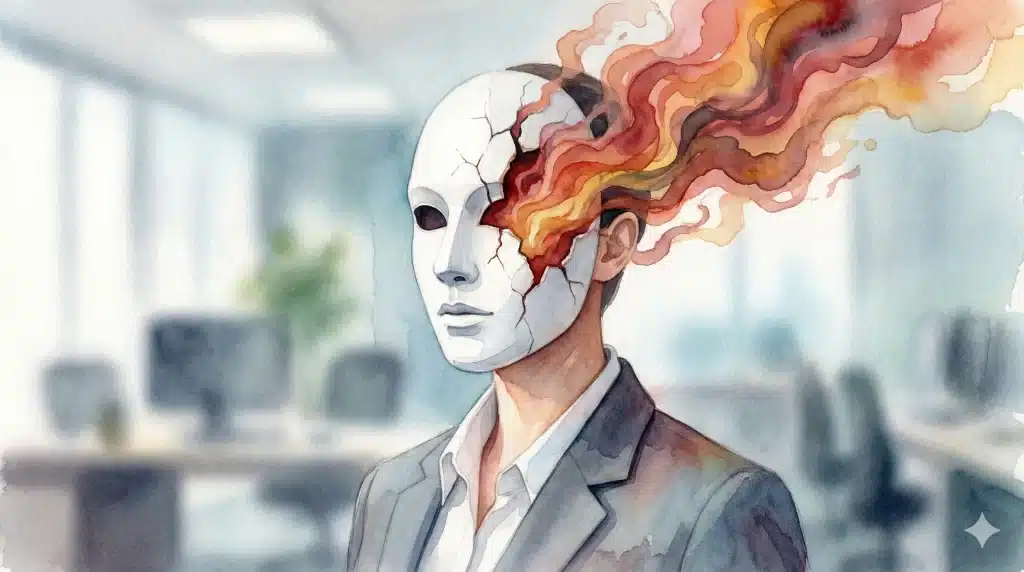 Illustration onirique style aquarelle d'une personne en costume dans un environnement de bureau flou. La personne porte un masque blanc rigide qui se fissure, laissant échapper des volutes de couleurs vives et chaudes (rouge, orange) représentant les émotions refoulées.