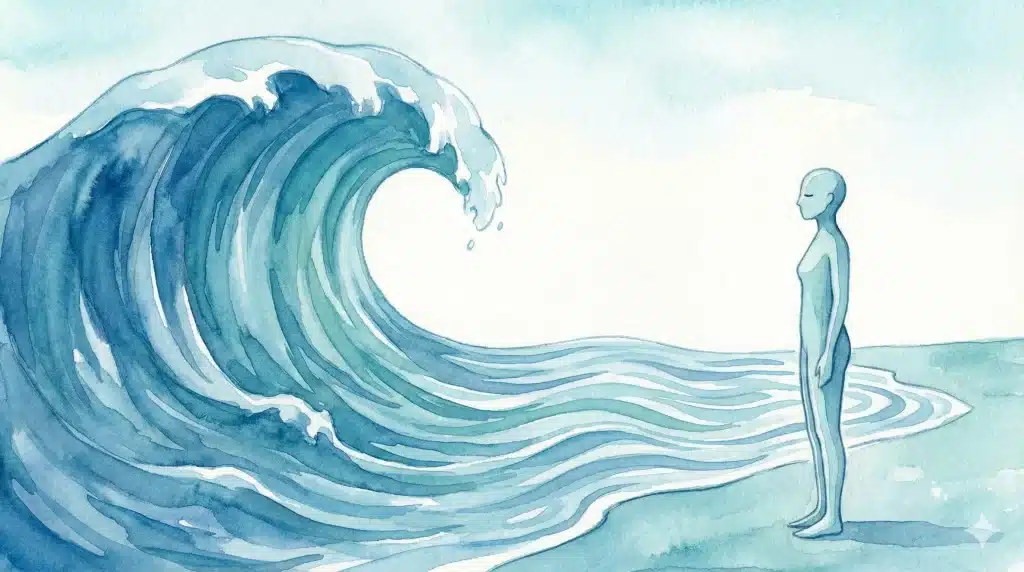 Illustration onirique style aquarelle montrant une grande vague bleue tumultueuse qui, au lieu de s'écraser, se transforme doucement en une série de petites ondulations calmes et régulières, avec un personnage serein observant le processus. Symbolise la régulation émotionnelle.