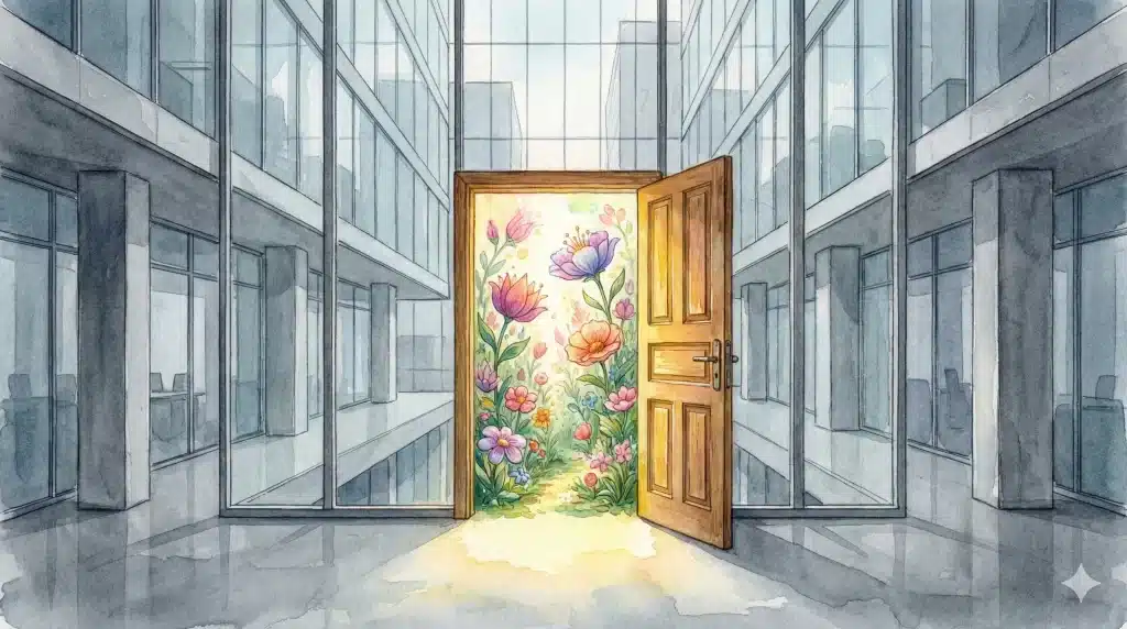 Illustration onirique style aquarelle montrant une porte lumineuse et ancienne qui s'ouvre au milieu d'une structure de bureau en verre et béton gris. De la porte s'échappe un jardin intérieur luxuriant et coloré, symbolisant l'accès à l'espace de sécurité intérieur.