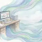 Illustration onirique style aquarelle d'une personne en costume dans un environnement de bureau flou. La personne porte un masque blanc rigide qui se fissure, laissant échapper des volutes de couleurs vives et chaudes (rouge, orange) représentant les émotions refoulées.