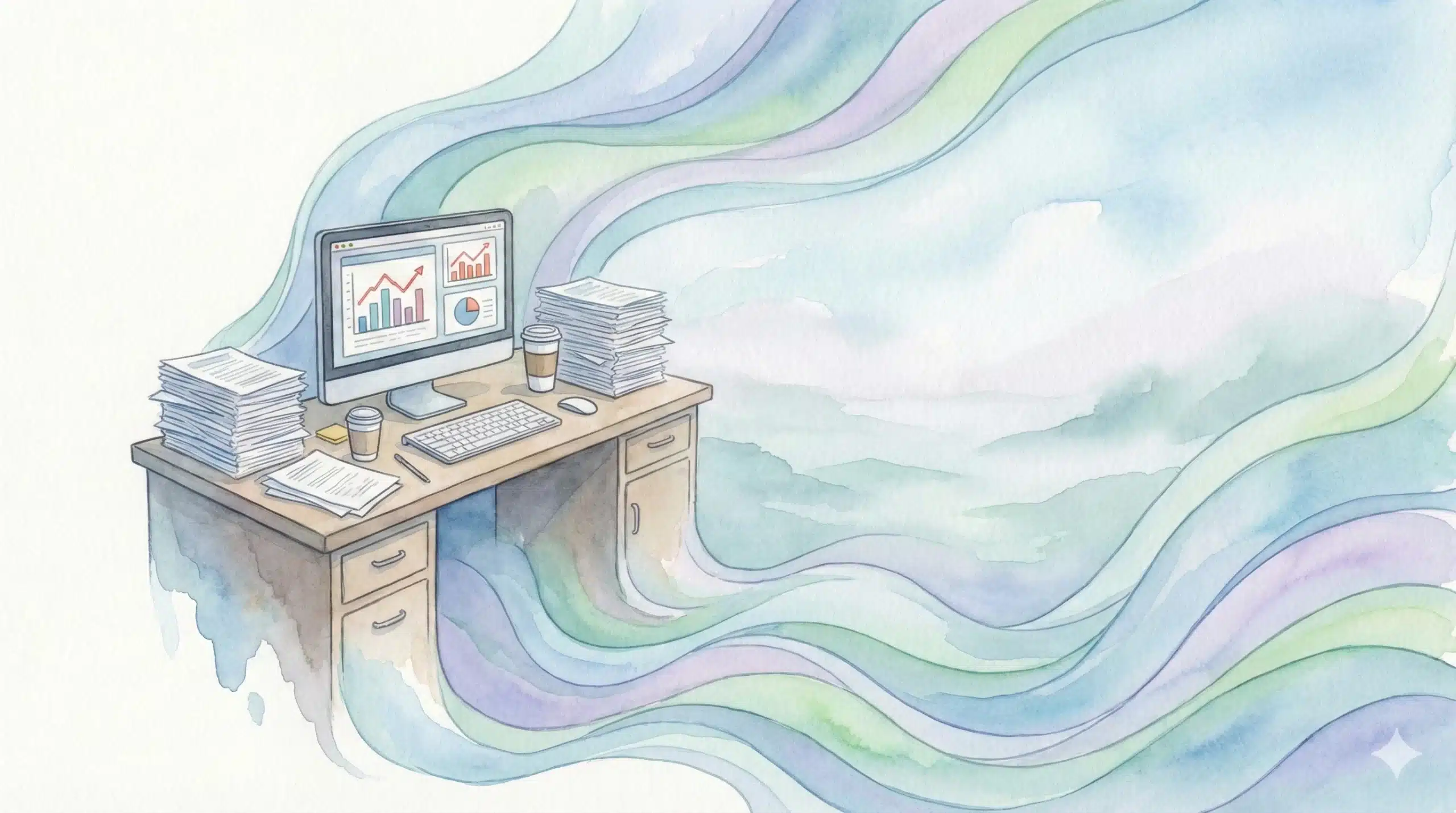 Illustration onirique style aquarelle d'une personne en costume dans un environnement de bureau flou. La personne porte un masque blanc rigide qui se fissure, laissant échapper des volutes de couleurs vives et chaudes (rouge, orange) représentant les émotions refoulées.